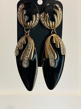 Gantos 1990s  Black and Gold Runway Clip on Earrings with Rhinestones